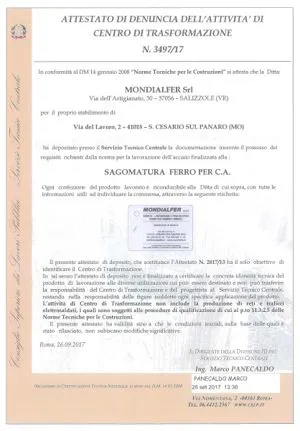 Attestato centro trasformazione S. CESARIO SUL PANARO (MO)