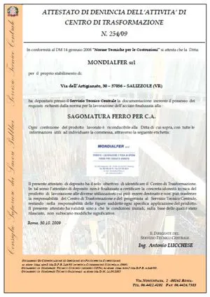 Attestato centro trasformazione SALIZZOLE (VR)